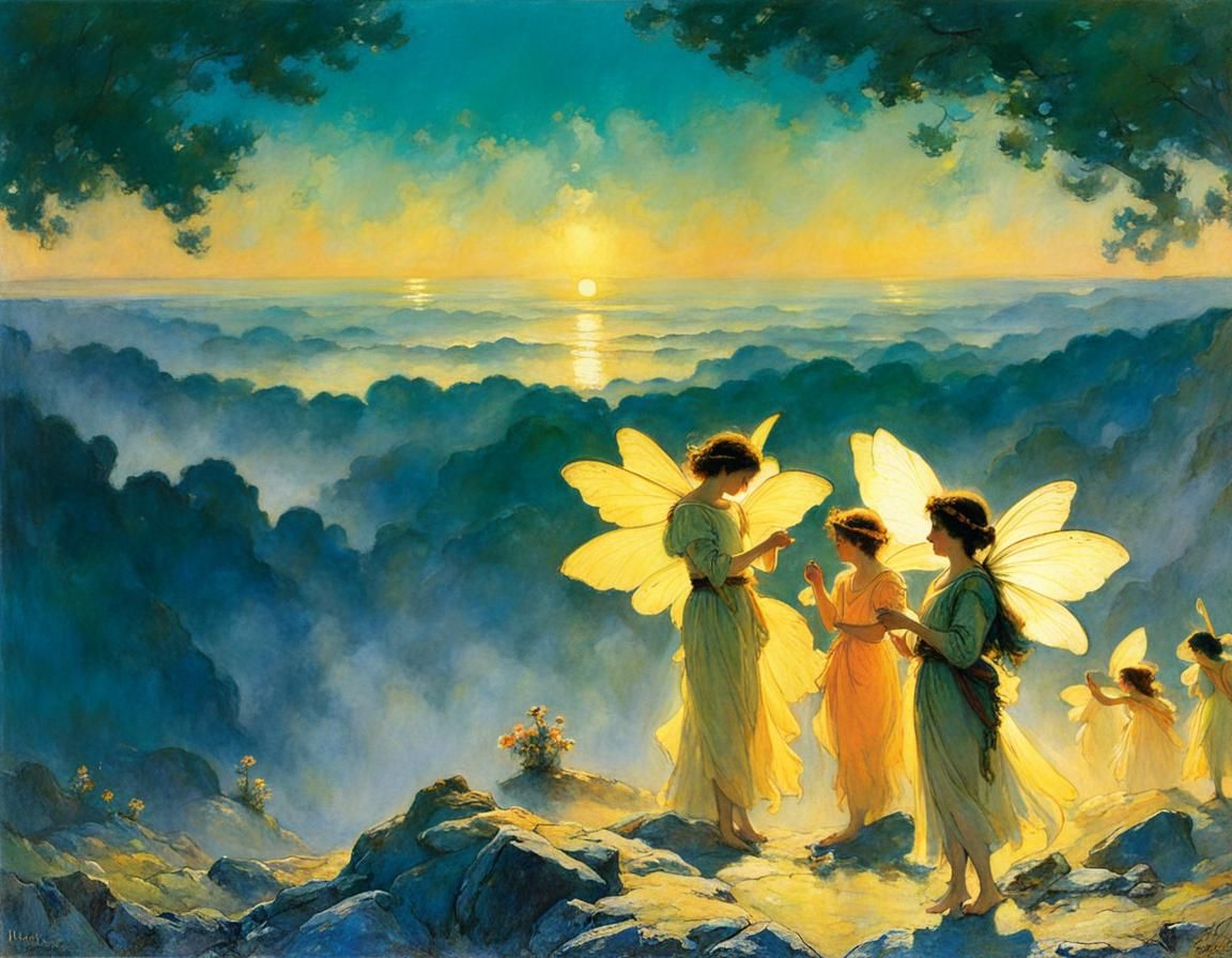 Fairies Dancing in Misty Forest: Golden Age Illustration