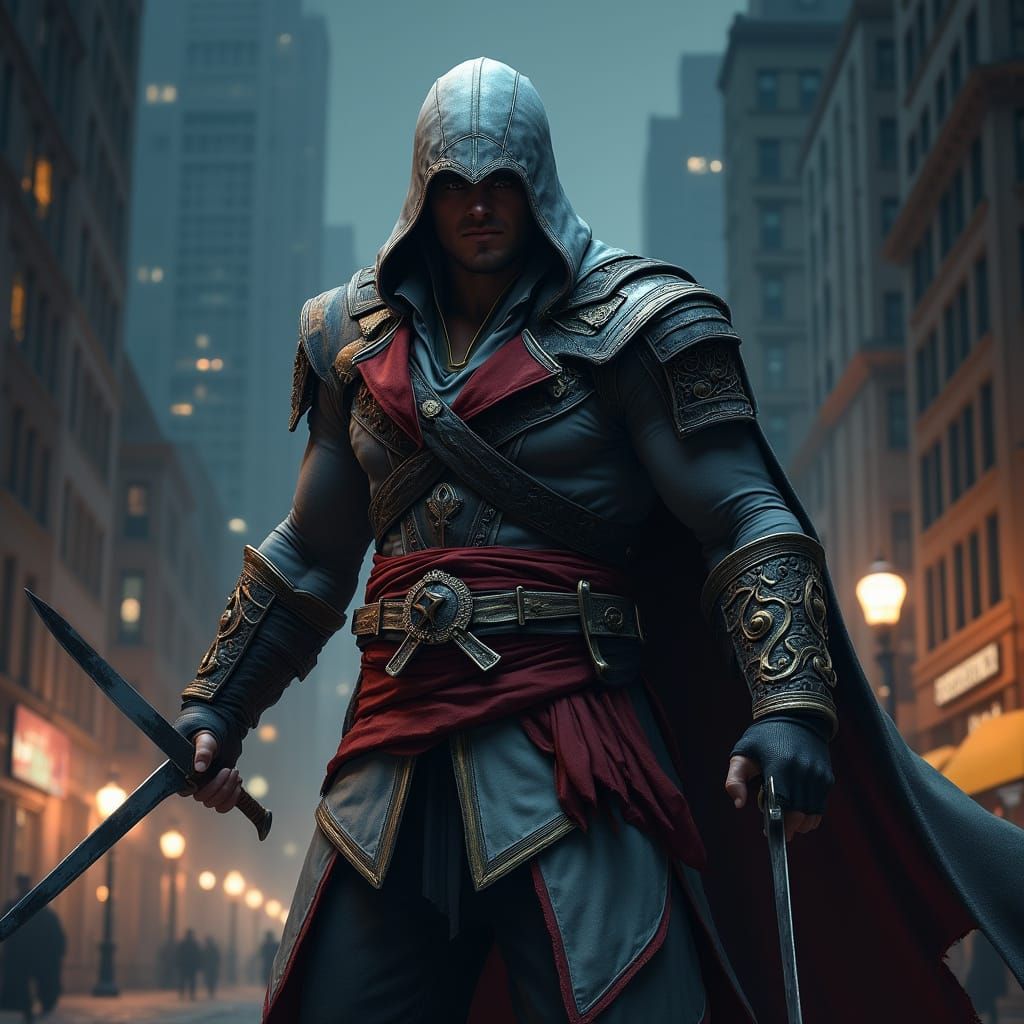 Modern Assassin in Cityscape at Night