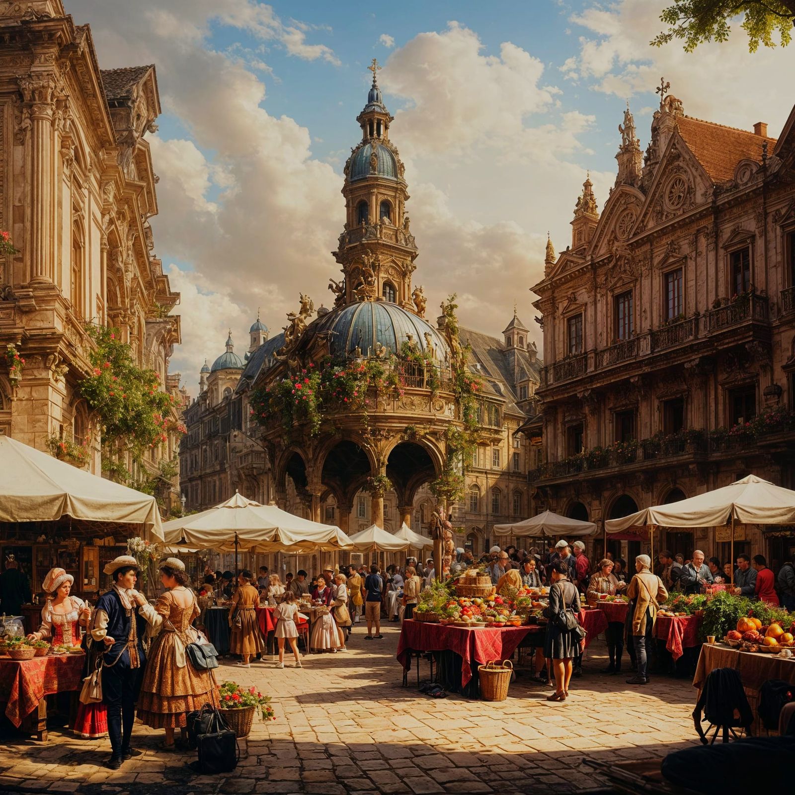 Baroque Town Square Scene with Busy Market