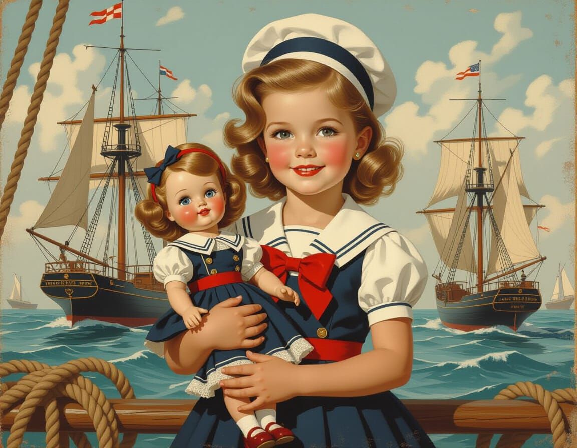 Girl with Doll in Nautical Vintage Style