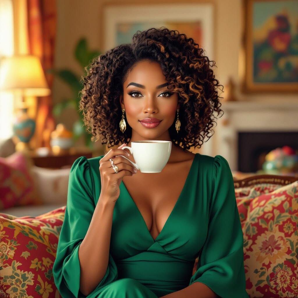 Elegant Woman Sipping Coffee in Cozy Living Room