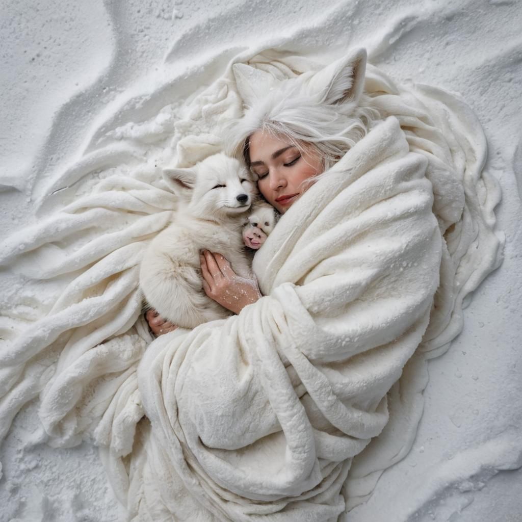 Baby and Fox Snuggling in Blizzard, Alcohol Ink