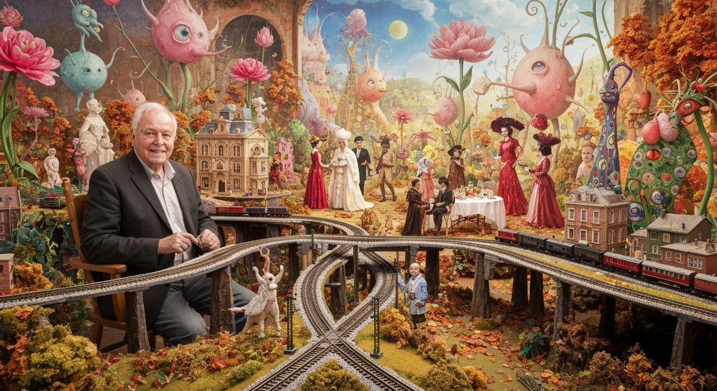 Model Railroad Hobbyist in Surreal Garden Landscape