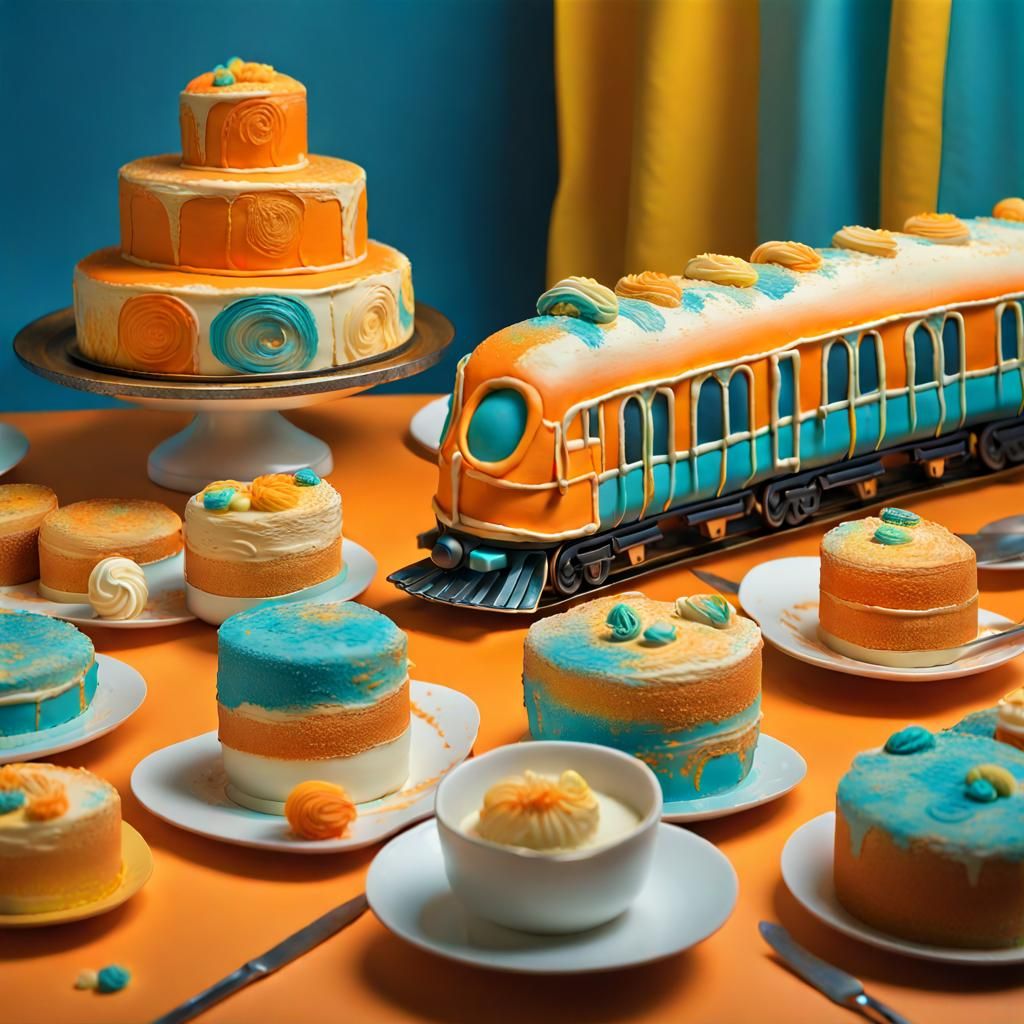 Intricate Train Cake Sculpture in Triadic Colors