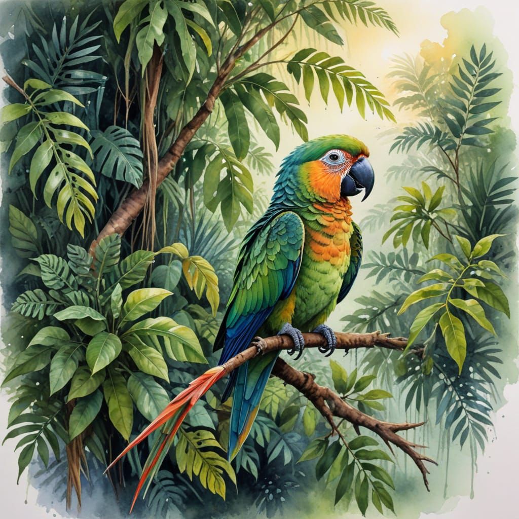 Rainforest Parrot at Dusk: Vivid Watercolour Masterpiece
