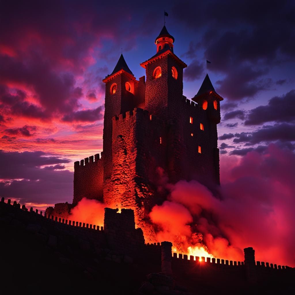 Burning Brilliance: The Fiery Demise of an Clackenshire Castle under the Painted Night Sky