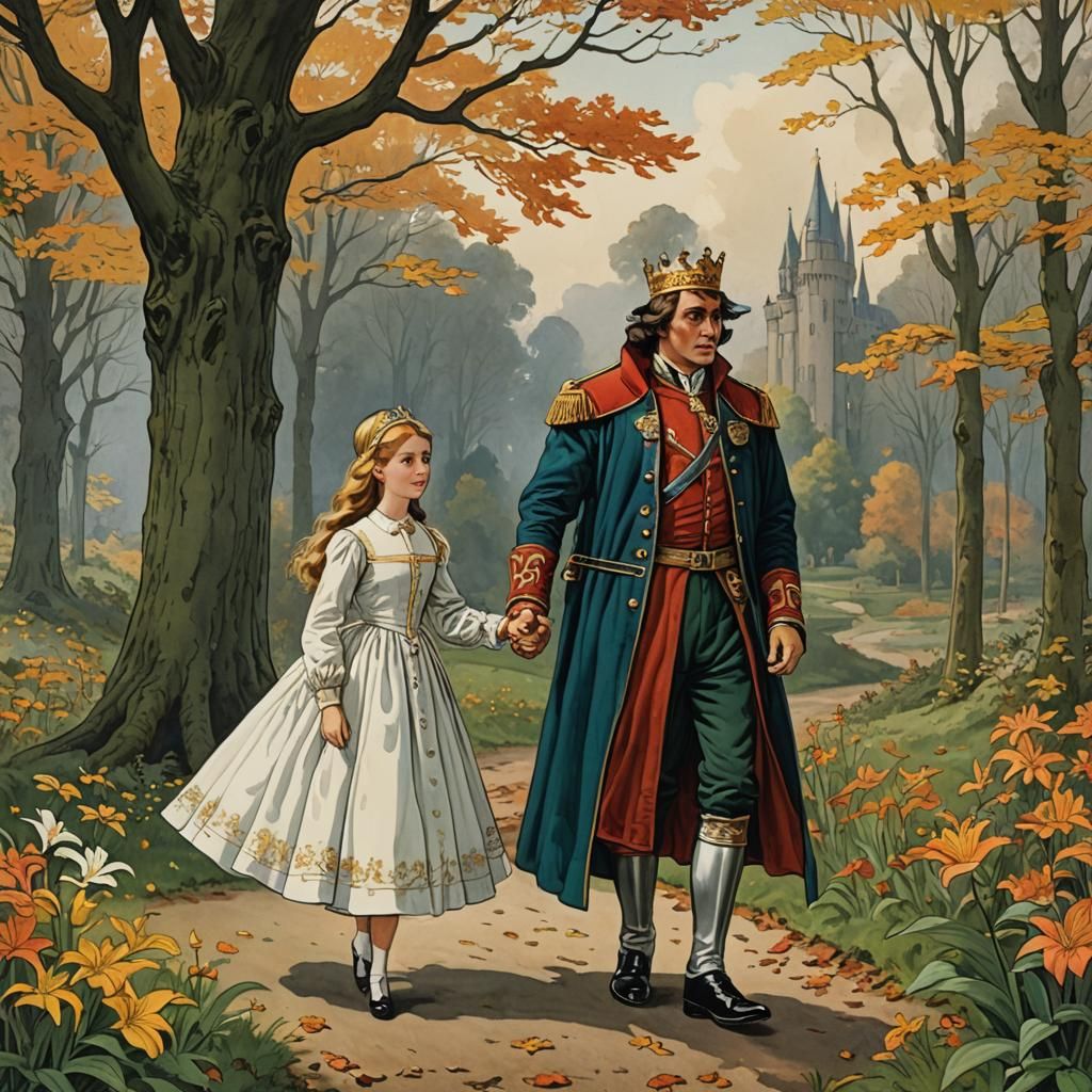 King and Princess Lily in Autumn, Classic Illustration