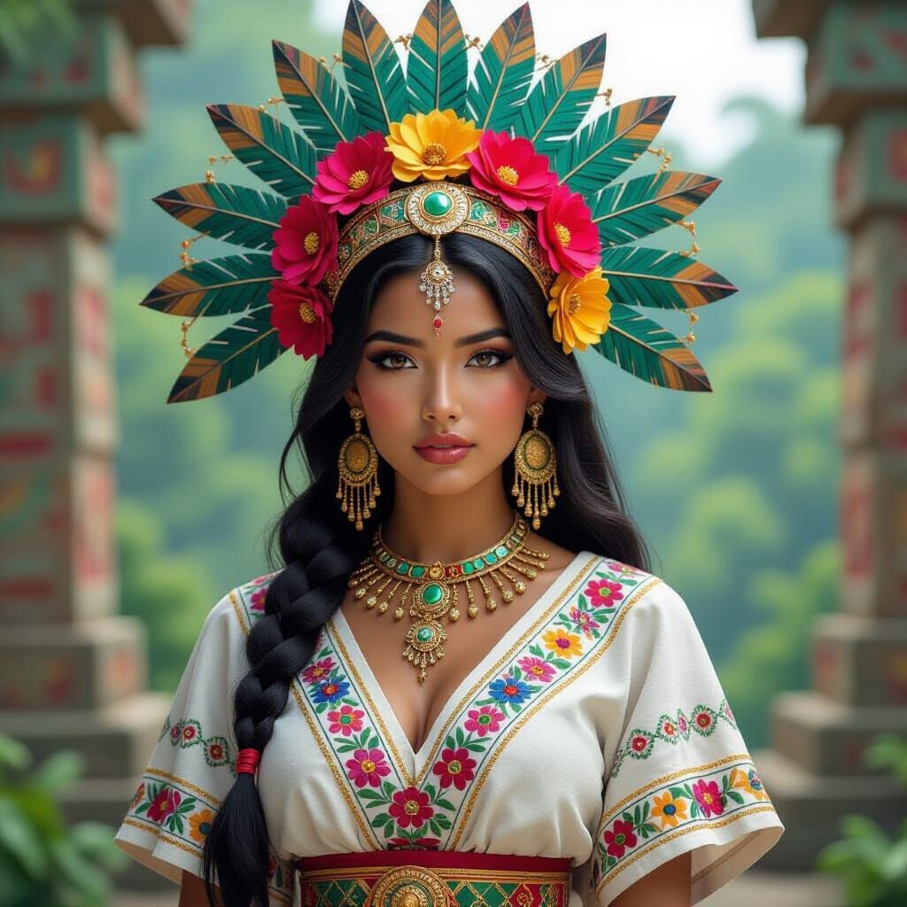 Aztec Warrior Princess with Flowers and Geometric Patterns