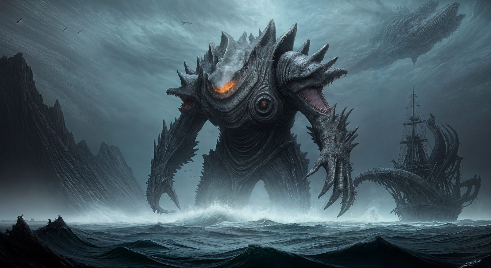 Surreal Dark Lighthouse Scene: Colossal Shark Battles Octopu...