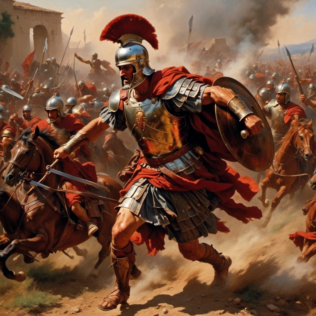 Roman Warrior Charging into Battle in Oil Painting Style