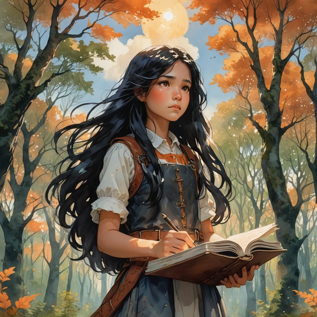 Brave Girl with Journal in Anime Style Forest