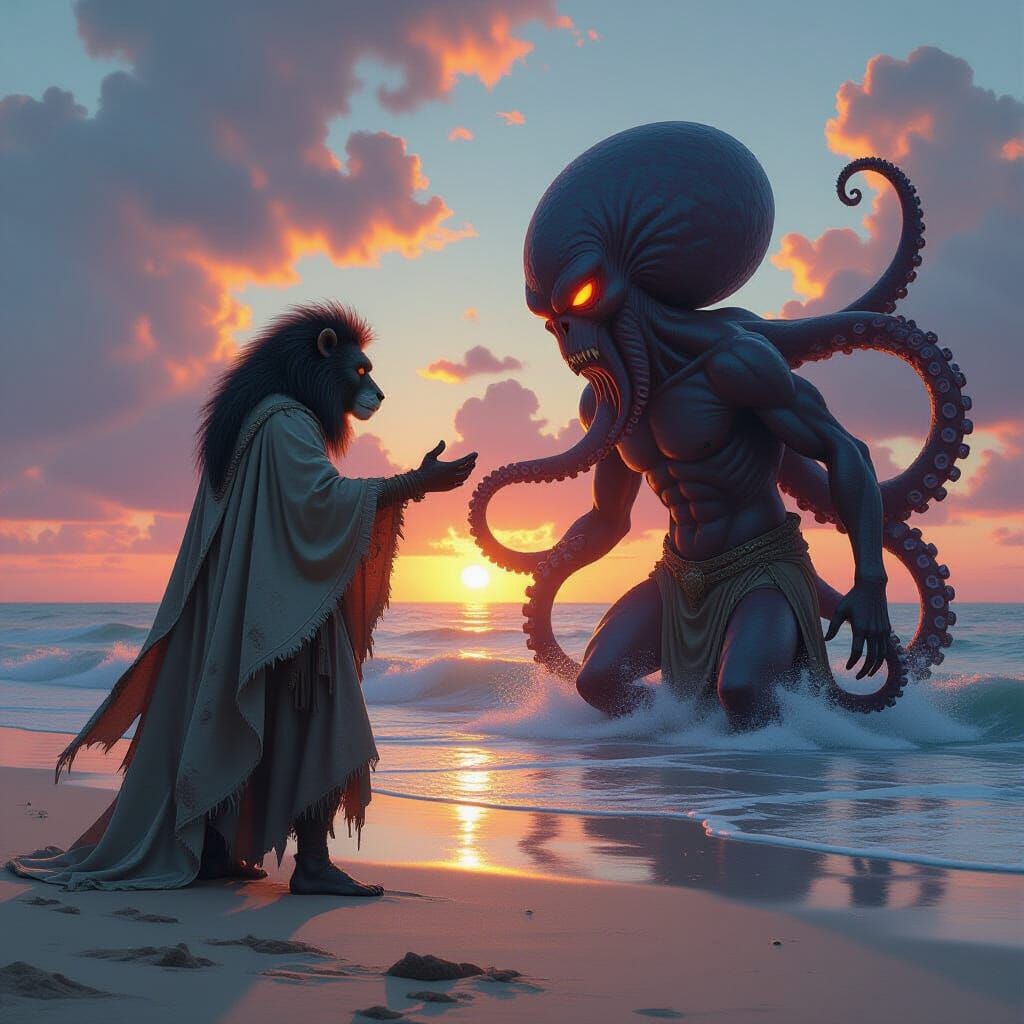 Epic Battle on River Beach: Baboon Centaur vs Octopus