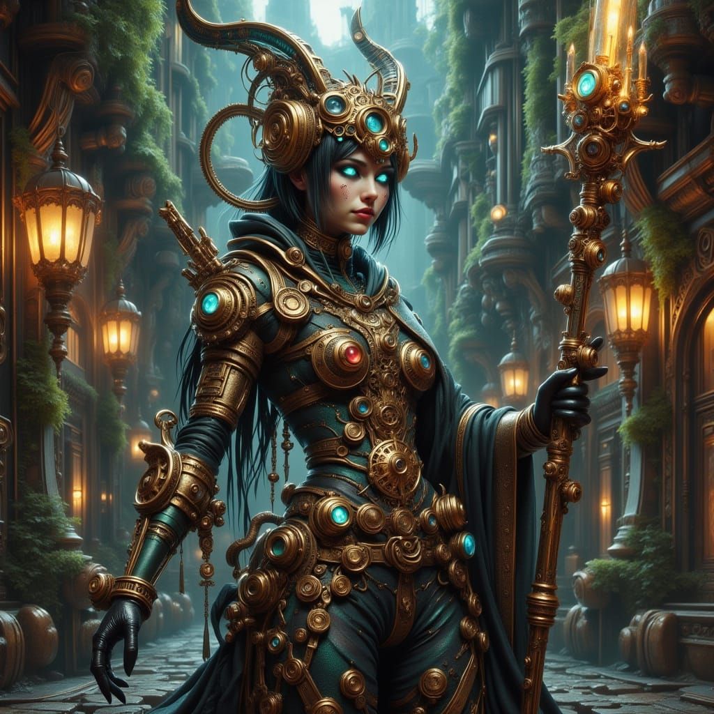 Cyberpunk Steampunk Sorceress with Clockwork Armor