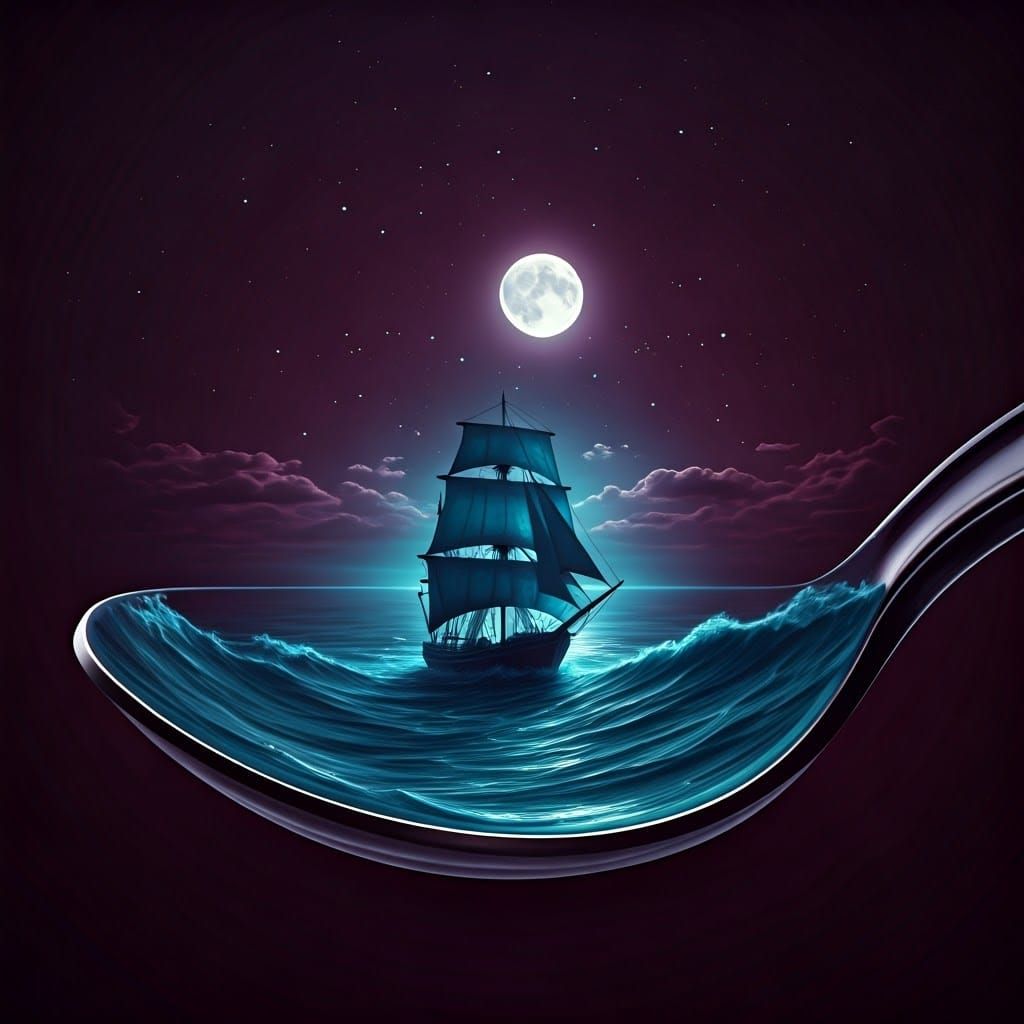 Bioluminescent Ship Sailing on Glass Spoon