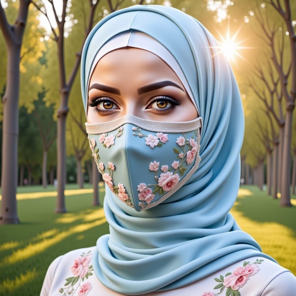 Woman in Hijab and Lace Mask, Impressionistic Portrait
