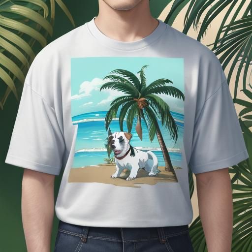 a jack russell terrier wearing a lightweight linen shirt wit...