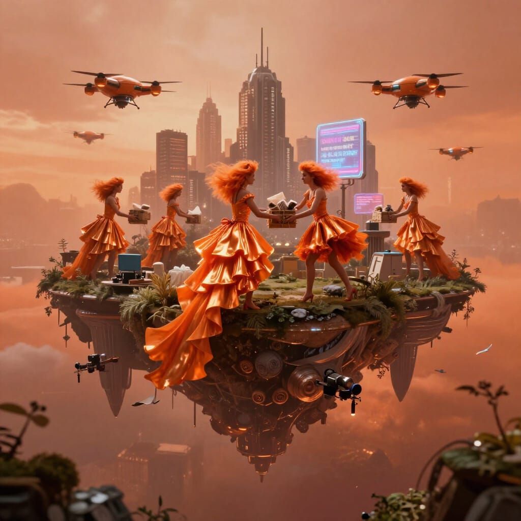 Retro Futuristic City of Kindness in Hazy Orange Atmosphere