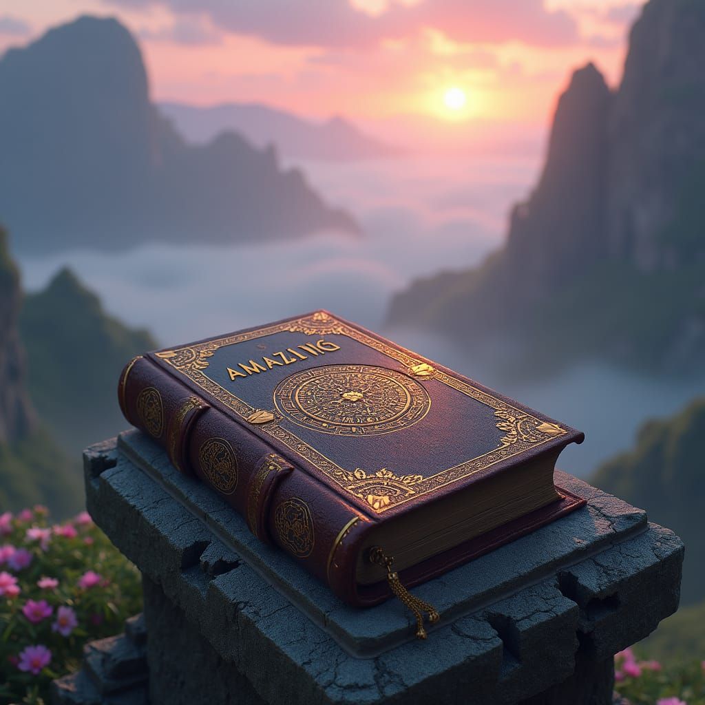 Mystical Book "Amazing" in Fantasy Landscape