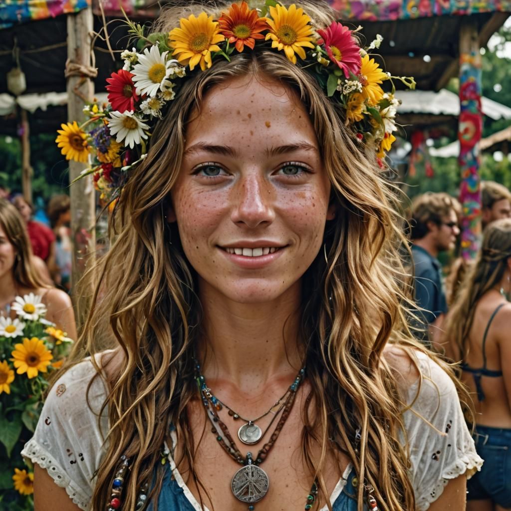 Detailed Portrait of Smiling Girl at Hippie Party