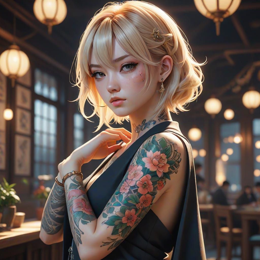 Anime Girl with Shimmering Tattoos in Ethereal Glow