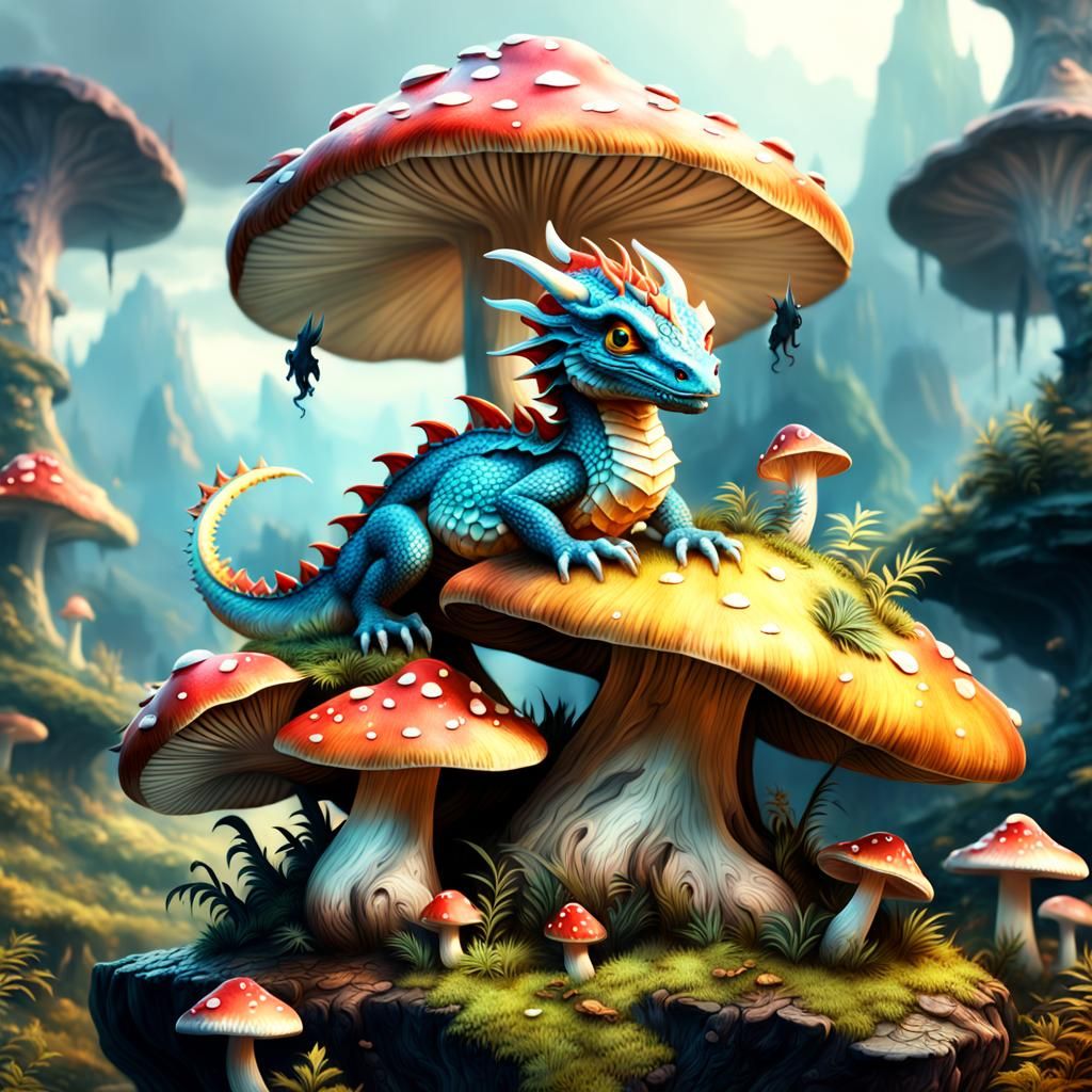 Tiny Dragon on Mushroom: Digital Matte Painting