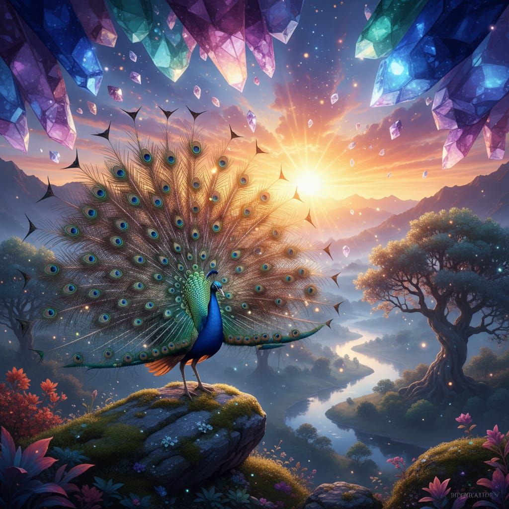 Peacock in Crystal Sunrise Sky