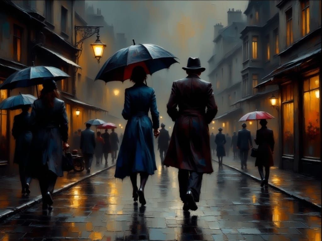 Rainy European Street Scene in Impasto Grunge Style