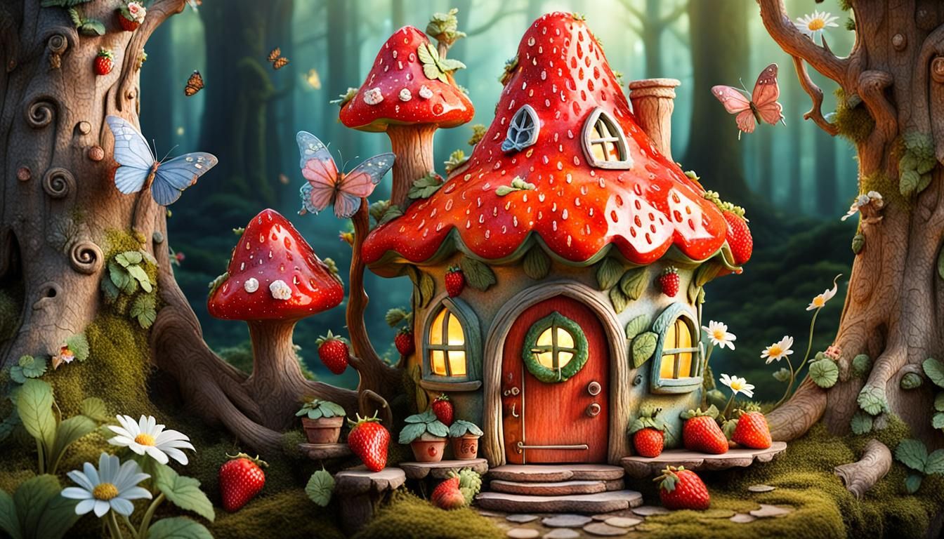 Whimsical Strawberry Fairy House in Watercolor Style