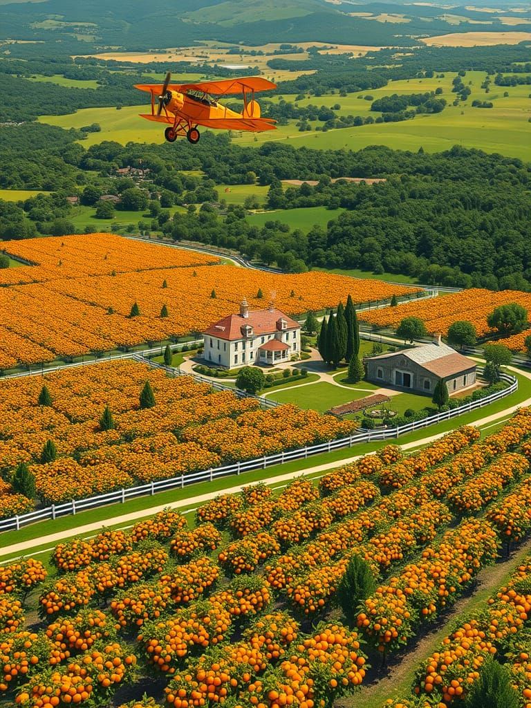 Orange Orchard Vista with Vintage Biplane, Gouache Style