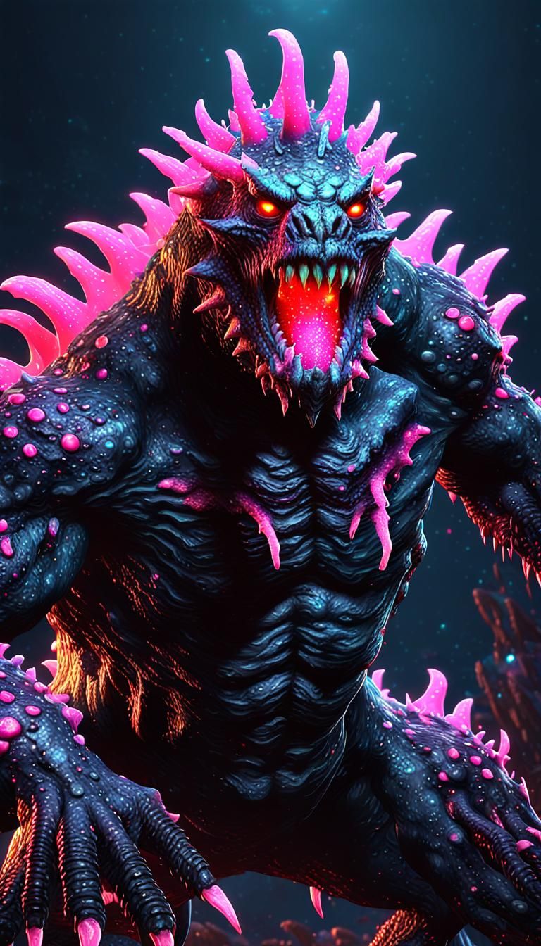 Lovecraftian Godzilla in Bioluminescent 3D Render