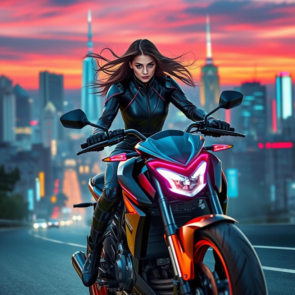 Futuristic Neon Cityscape with Woman on Ninja Motorcycle