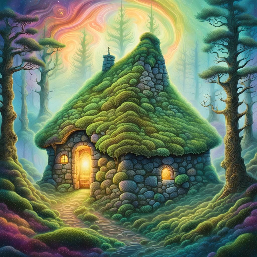 Mystical Stone Bothy in Amazonian Visionary Art Style