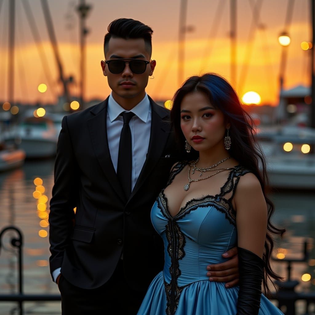 Confident Hitman and Model at Waterfront Restaurant at Sunse...