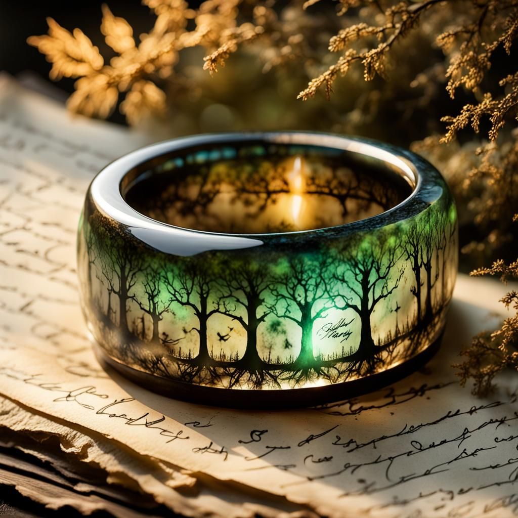 Luminescent Elven Ring on Parchment with Forest Backdrop