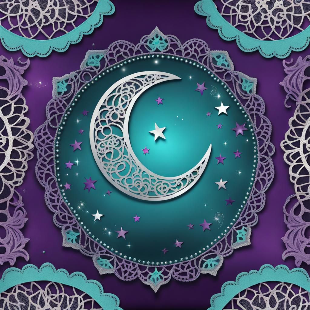 Lace Background with Moon and Stars in Teal