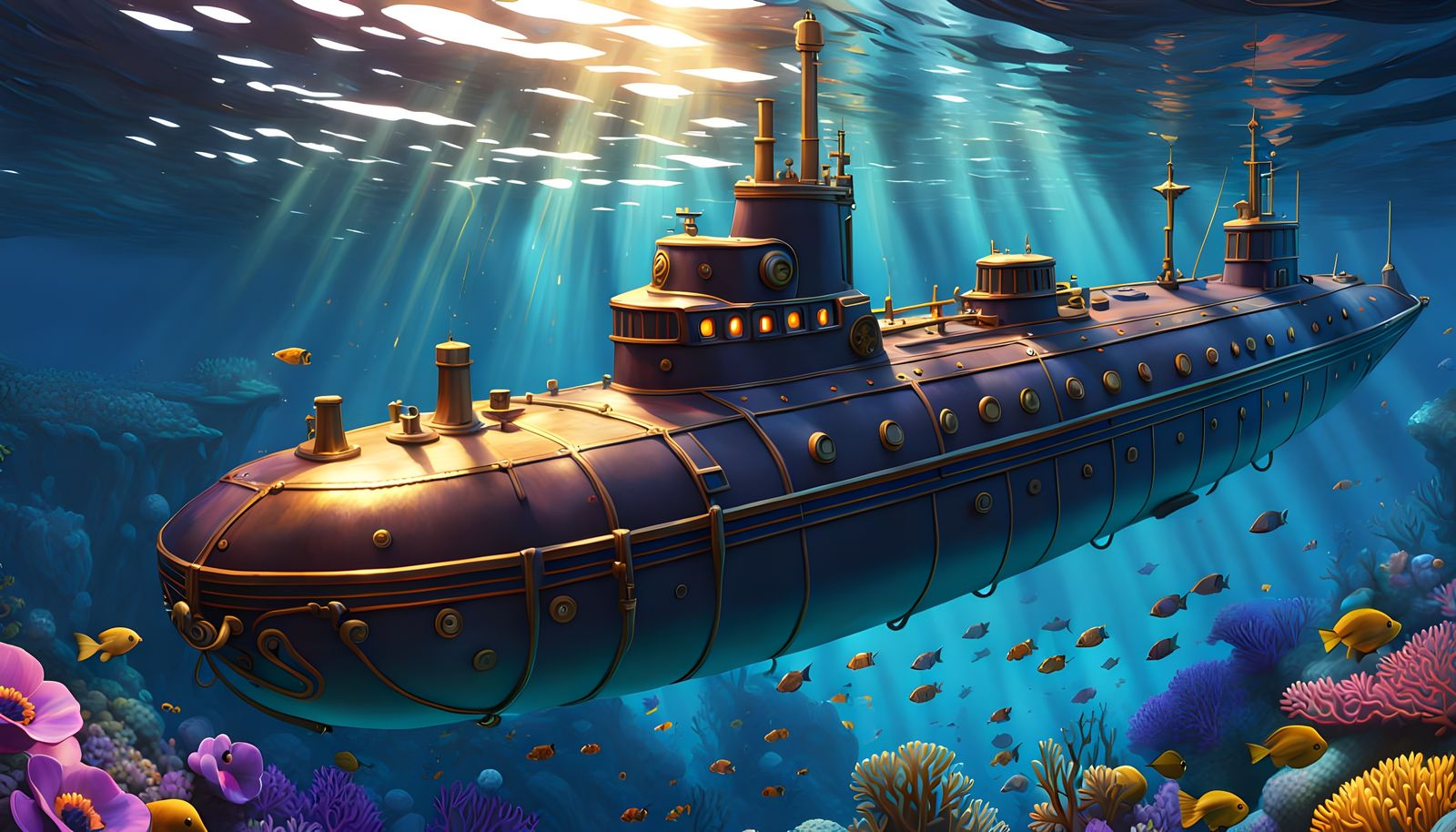 Steampunk Submarine Navigating Coral Reef: Fantasy Art