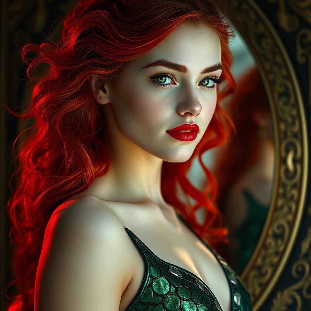 Fiery Woman with Mystical Mirror, Digital Art Portrait
