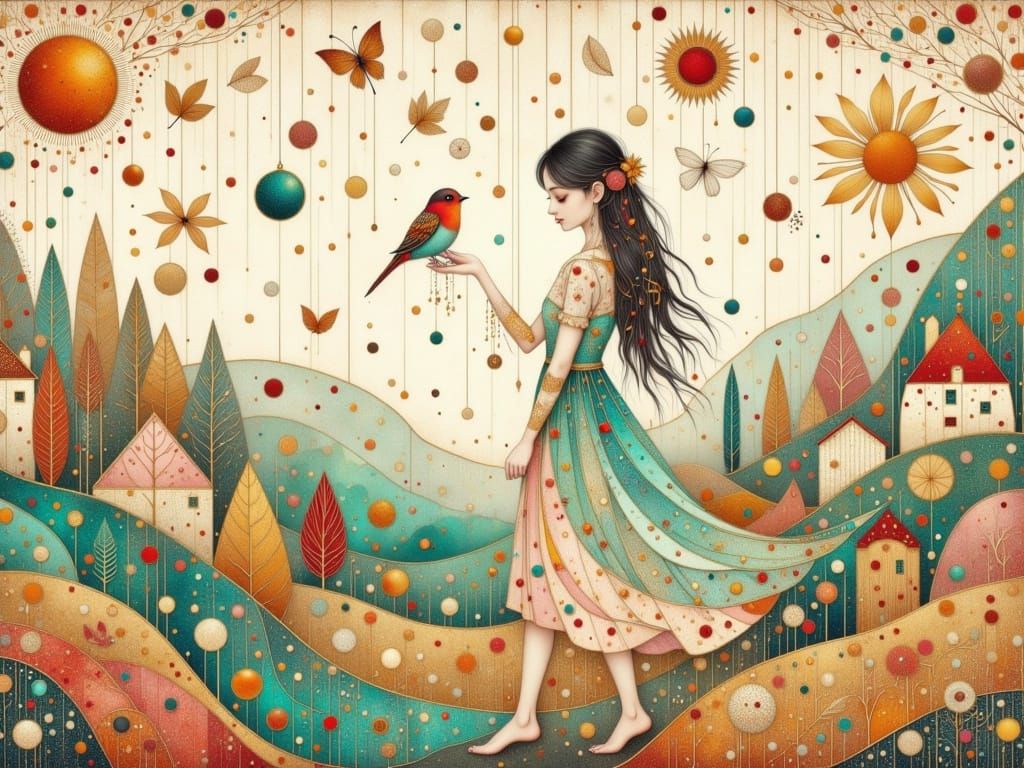 Dreamy Girl in Fantastical Village, Art Nouveau Style