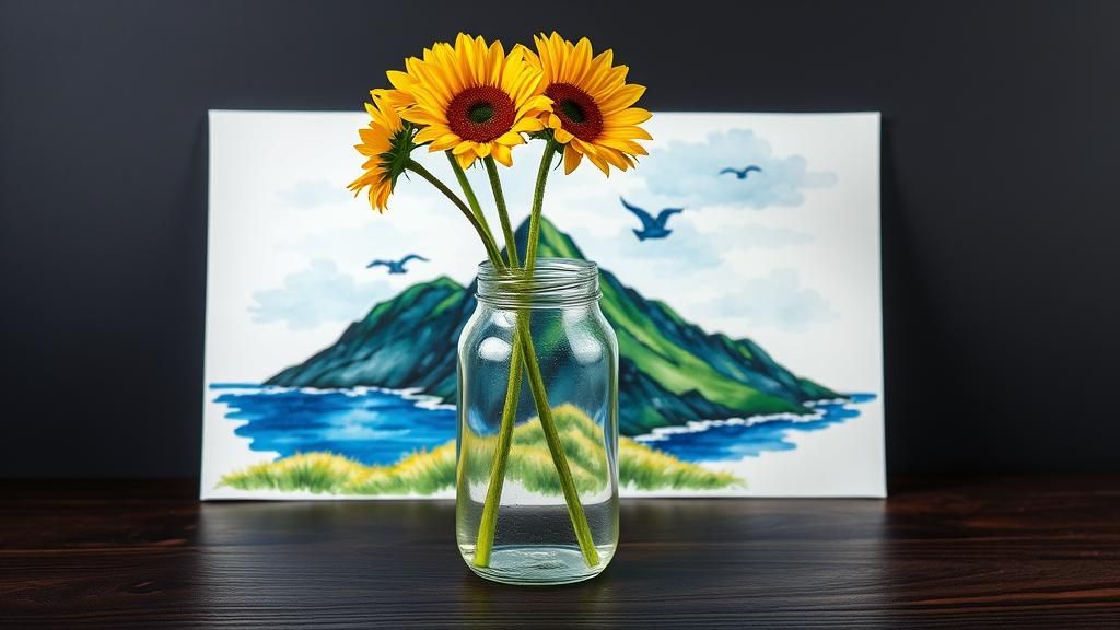 Sunflowers in Mason Jar with Watercolor Landscape