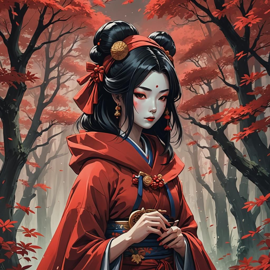 Geisha in Red Riding Hood, Ghibli Style Anime