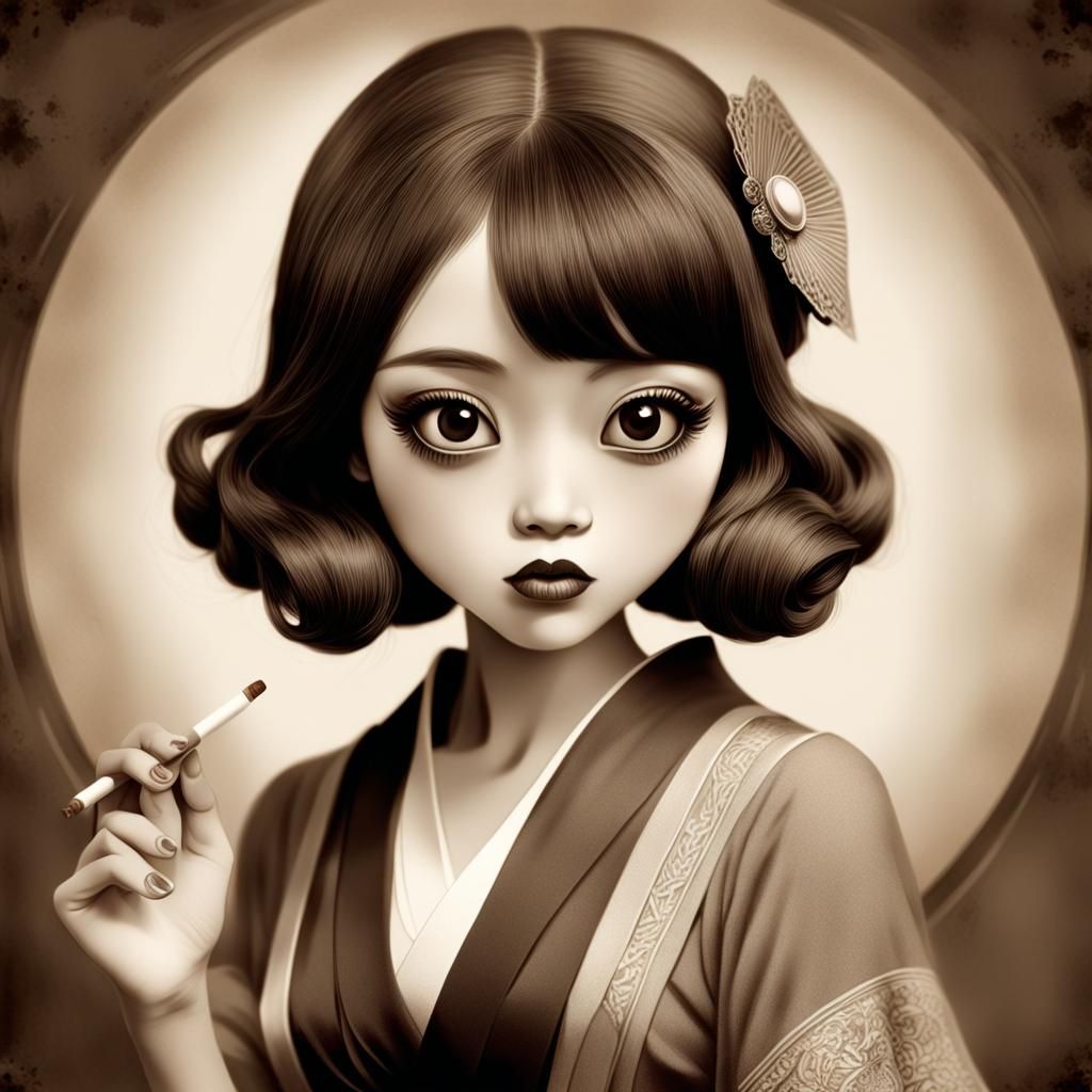 1920s Chibi Girl in Sepia Tone Portrait