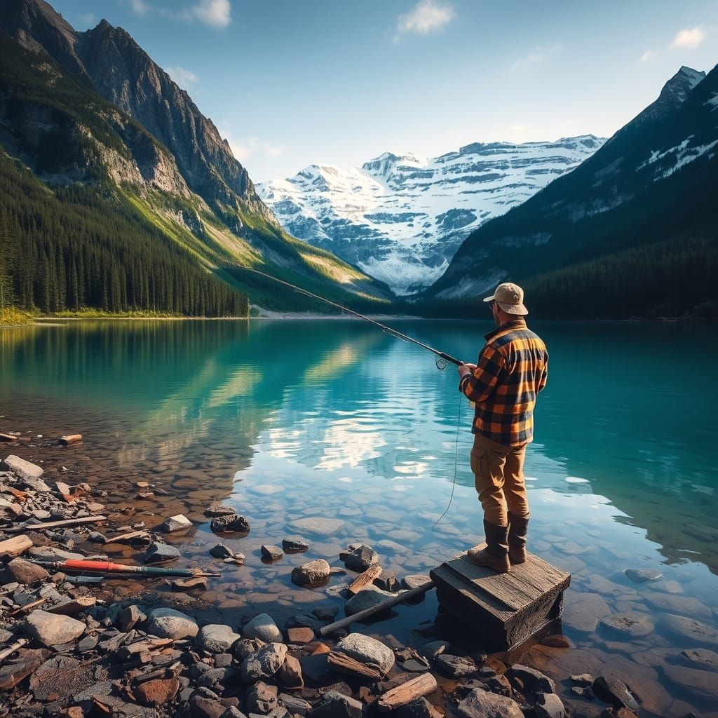 Fisherman at Serene Mountain Lake, Photorealistic Style