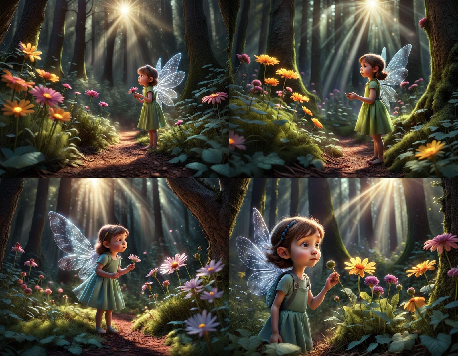 Fairy Inspecting Flowers in Magical Forest