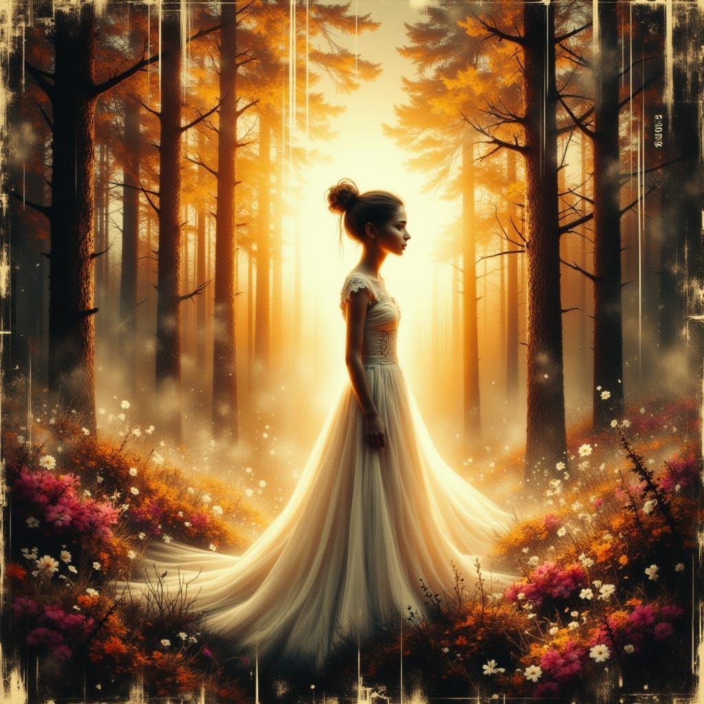 Magical Forest Sunrise: Girl Bathed in Ethereal Glow