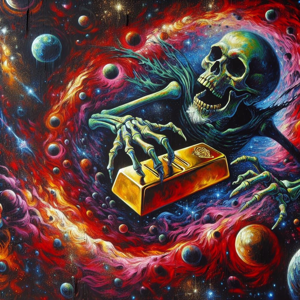 Skeleton Falling Through Space with Gold, Street Mural Style