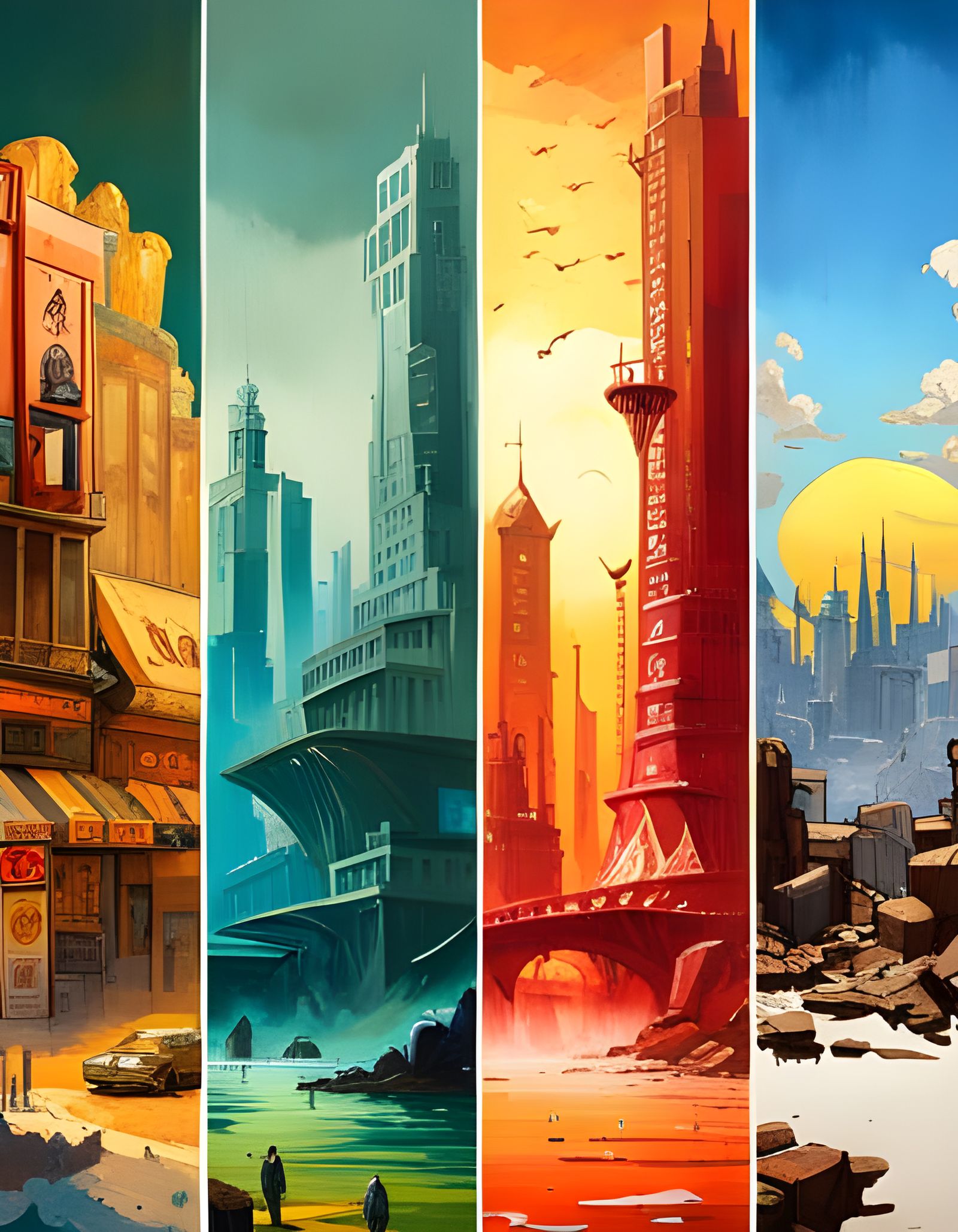 Post-Apocalyptic Four Seasons Skyline in Gouache