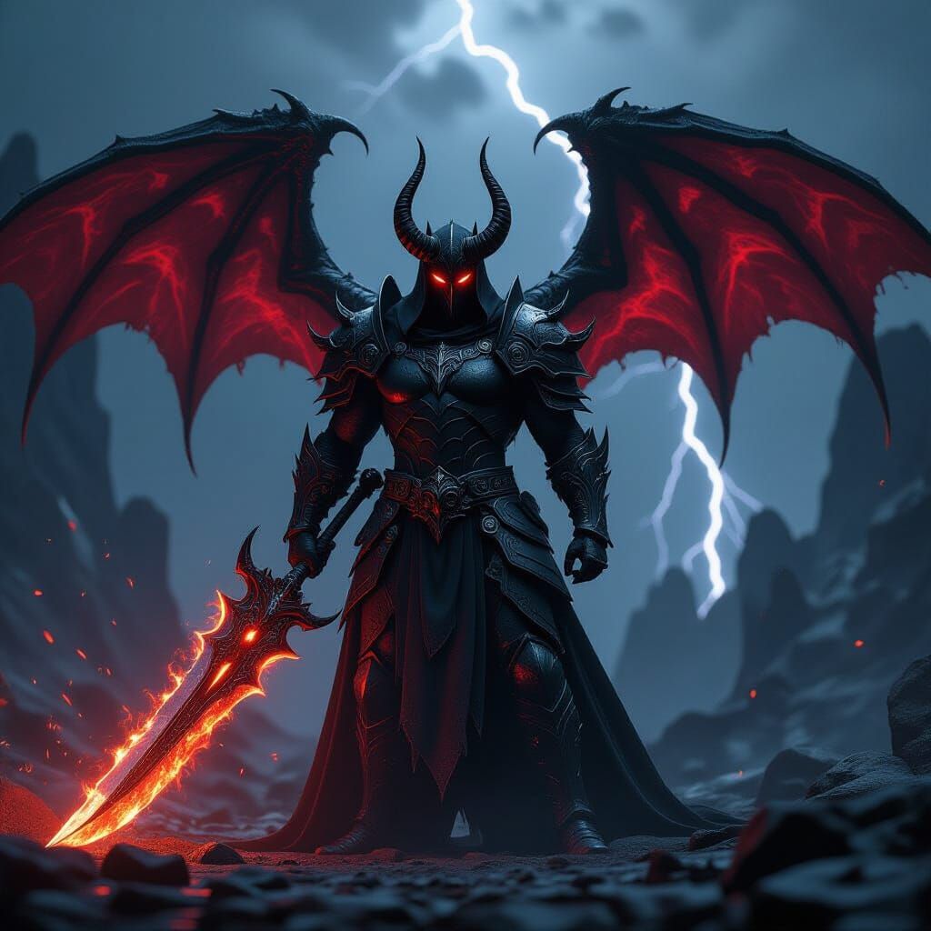 Dark Fantasy Winged Warrior with Fiery Greatsword