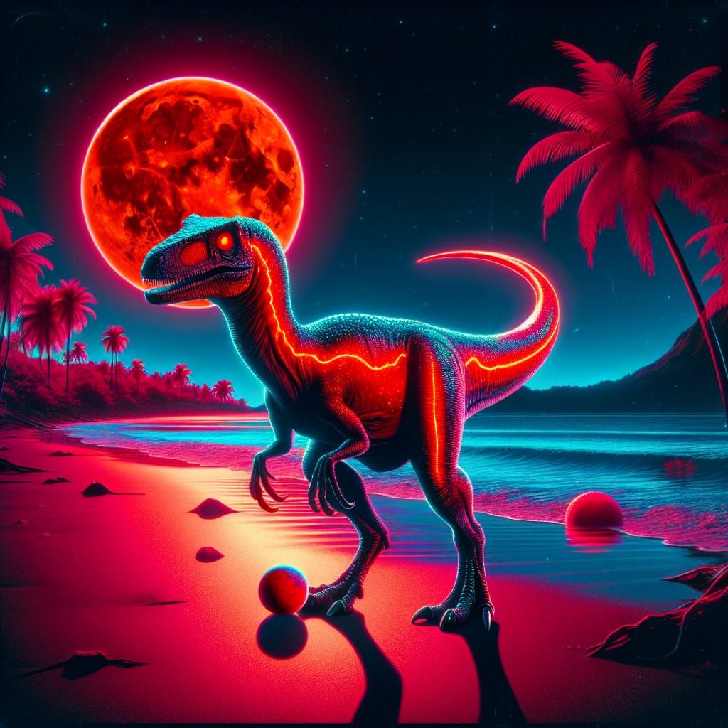 Bioluminescent Velociraptor on a Synthwave Beach