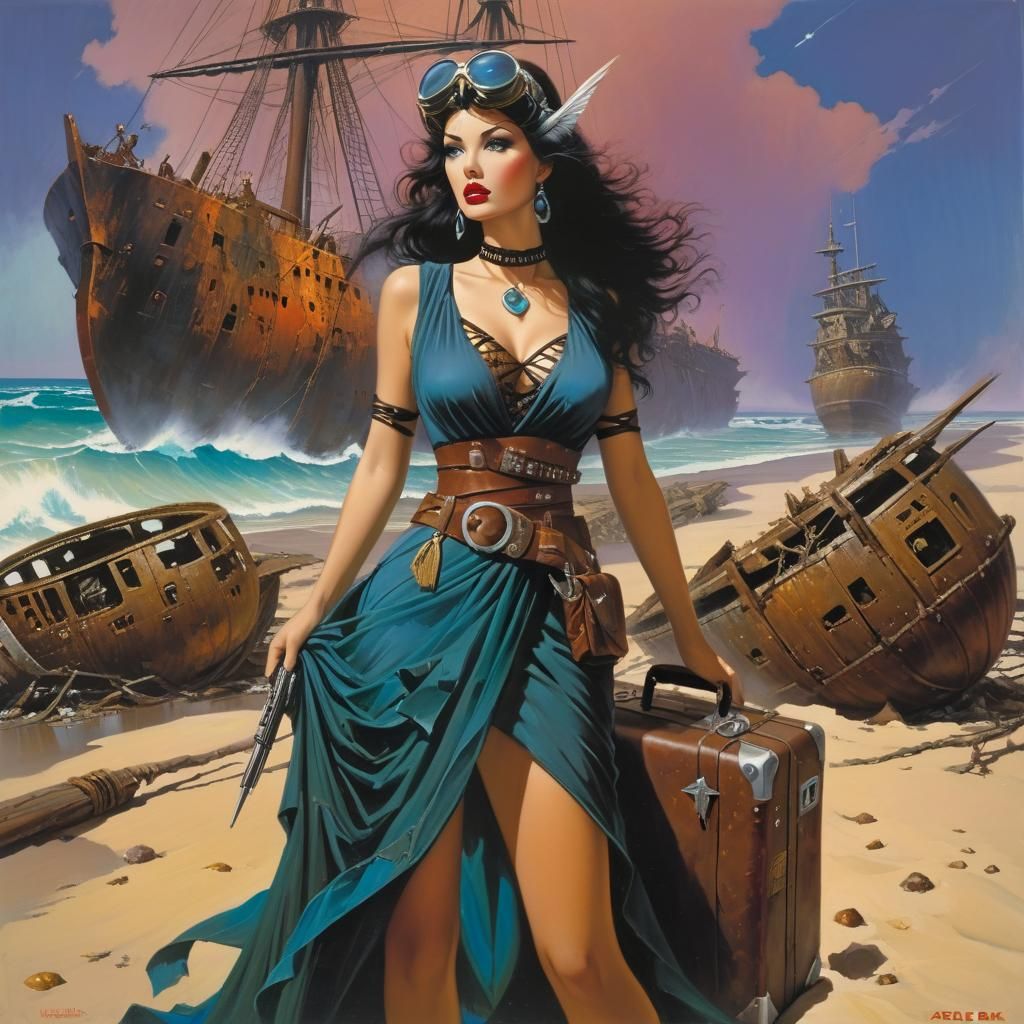 Dystopian Traveler Dress Shopping as Oil Painting