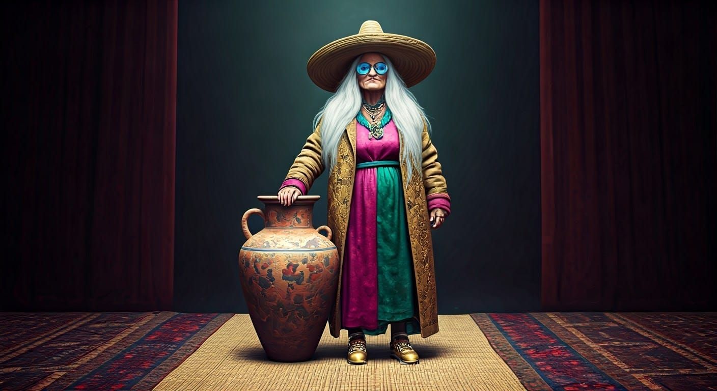 Mystical Woman with Vase in Surreal Detailed Artwork